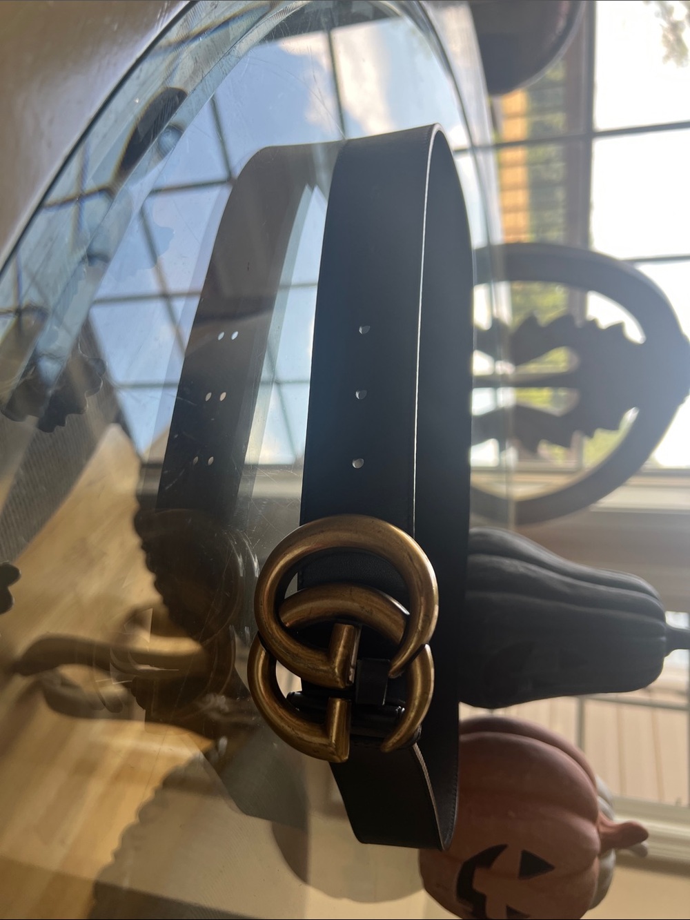 Gucci Black Leather Belt with Antique Gold Double G Buckle